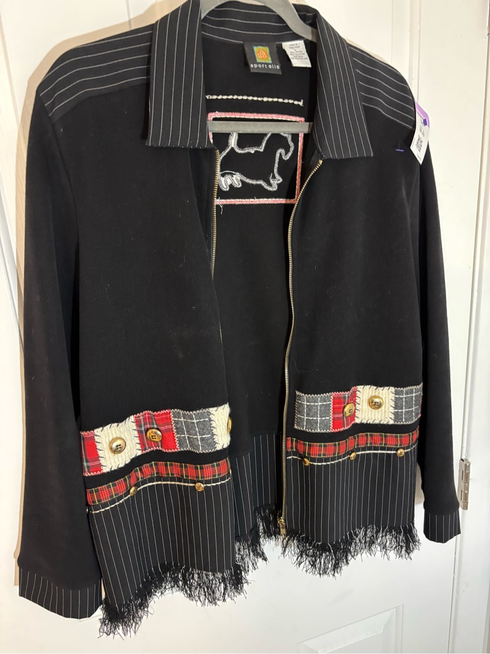 Sportelle Black Mixed-Trim Pinstripe Fringe Zip Jacket Scotty Dog on the back